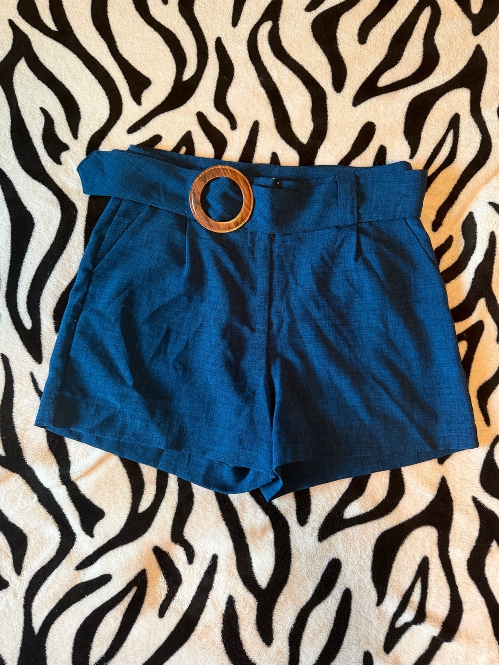 Kissa Royal Blue High-Waist Shorts with Wooden Ring Belt